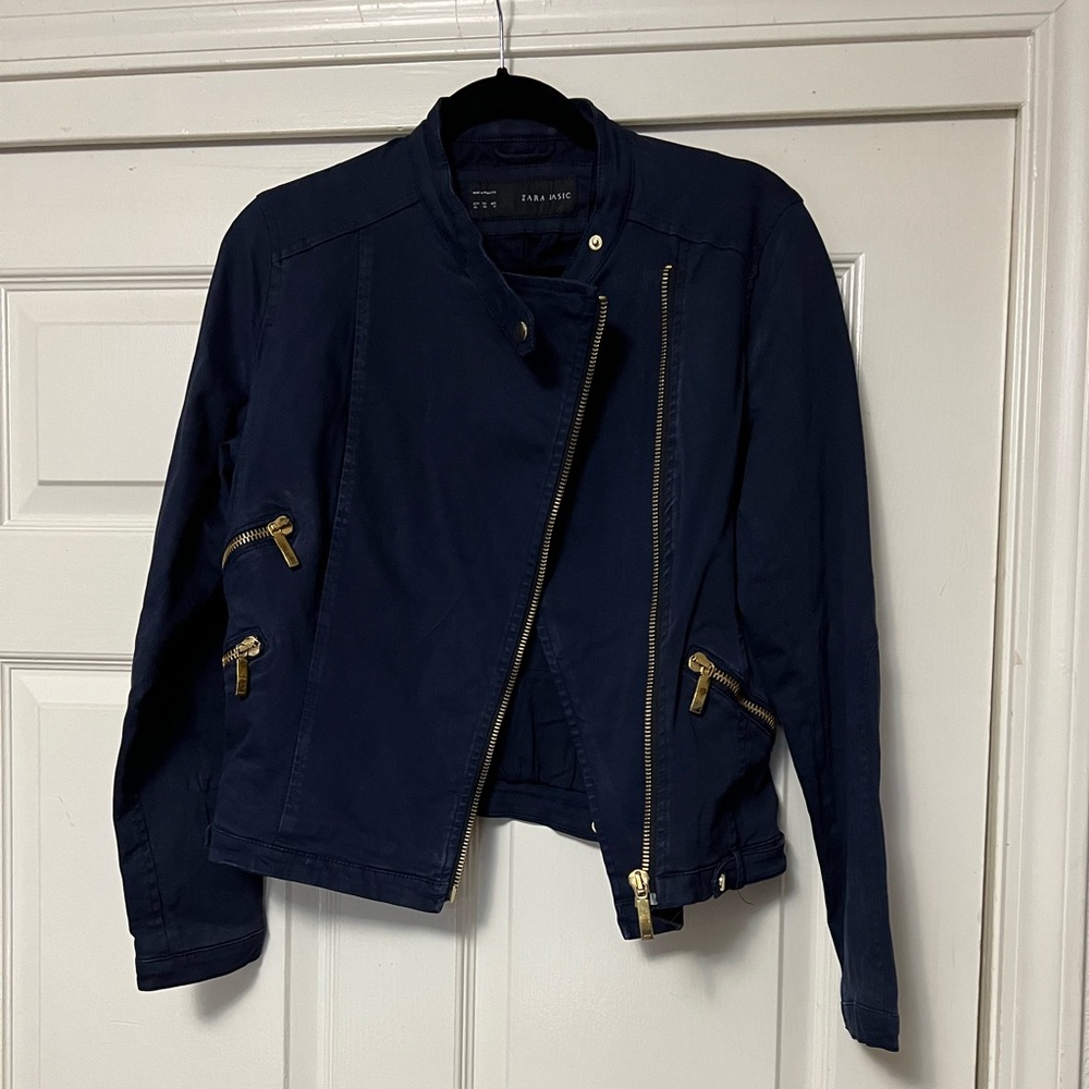 Zara Navy Asymmetrical Zip Bomber Jacket with Gold Hardware